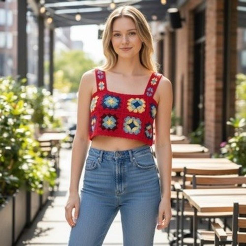 Witty‎ Fox Crochet Granny Square Crop Top Red Multi Boho Festival Tank Medium